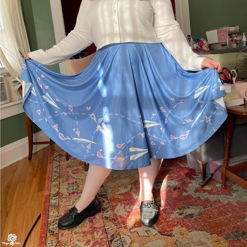 Blue Midi Skater Skirt with Pleated Style for Casual Wear